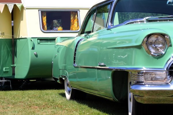 Green Car and Vintage Camper - Chuck and Sandi